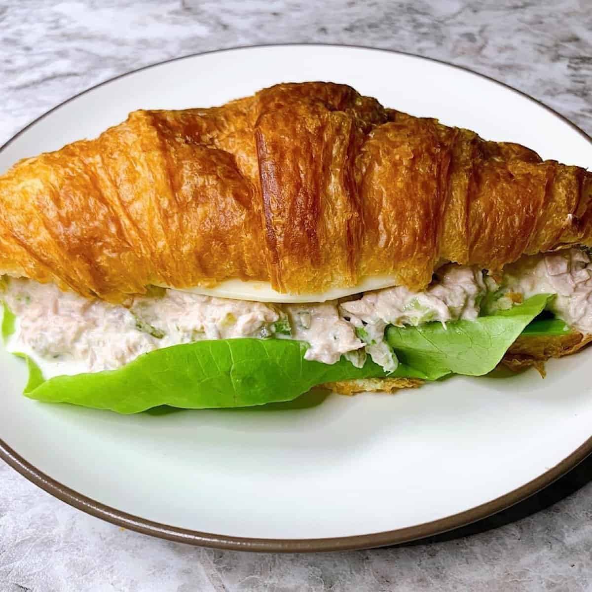 Tuna salad on croissant sandwich style with lettuce and cheese