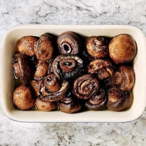 Burgundy mushrooms in casserole dish
