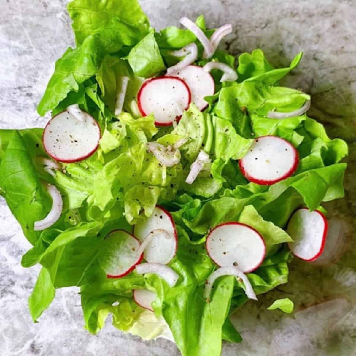 butter lettuce in salad bowl topped with radish, scallion, and cracked pepper