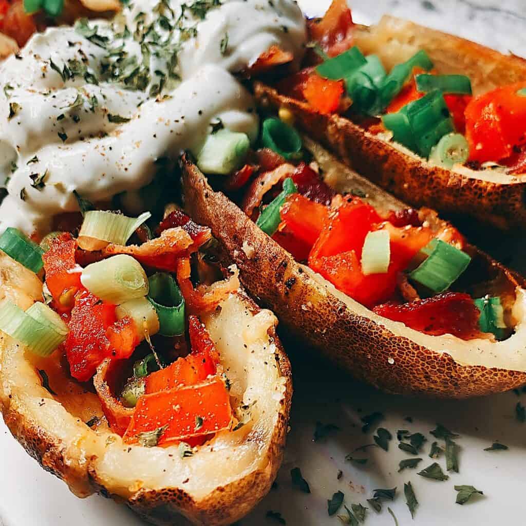 Close up of potato skins with all the toppings