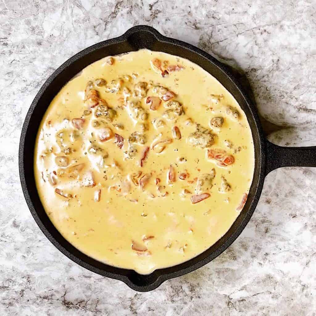 A cast iron skilled filled with warm velveeta cheese dip including sausage and rotel tomatoes