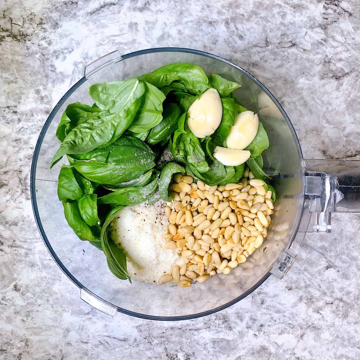 Basil garlic Parmesan and pine nuts in food processor