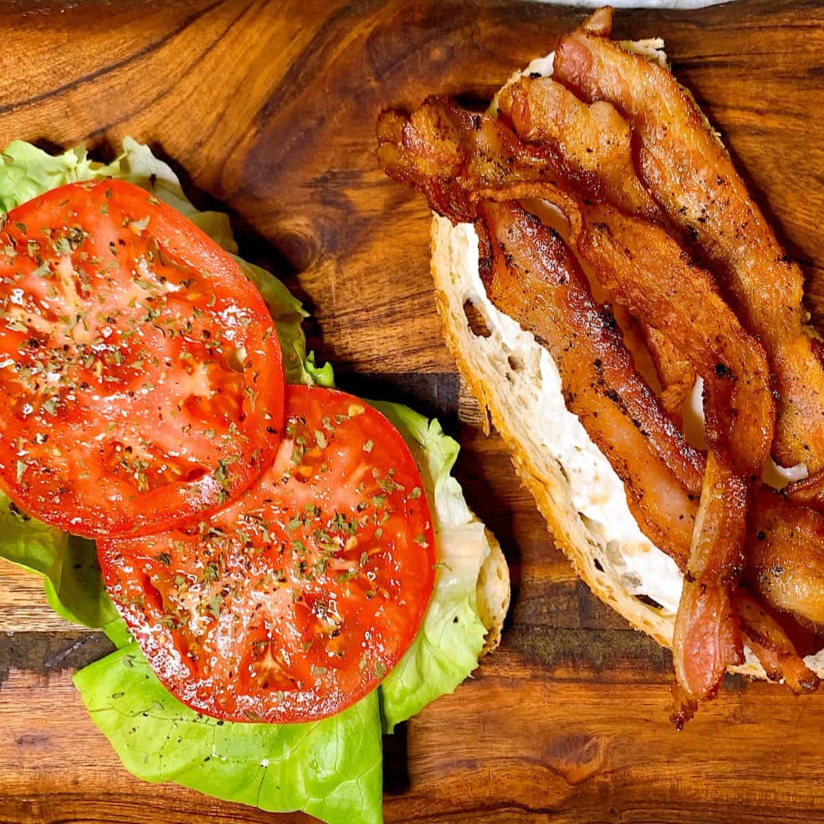BLT Sandwich on cutting board open faced