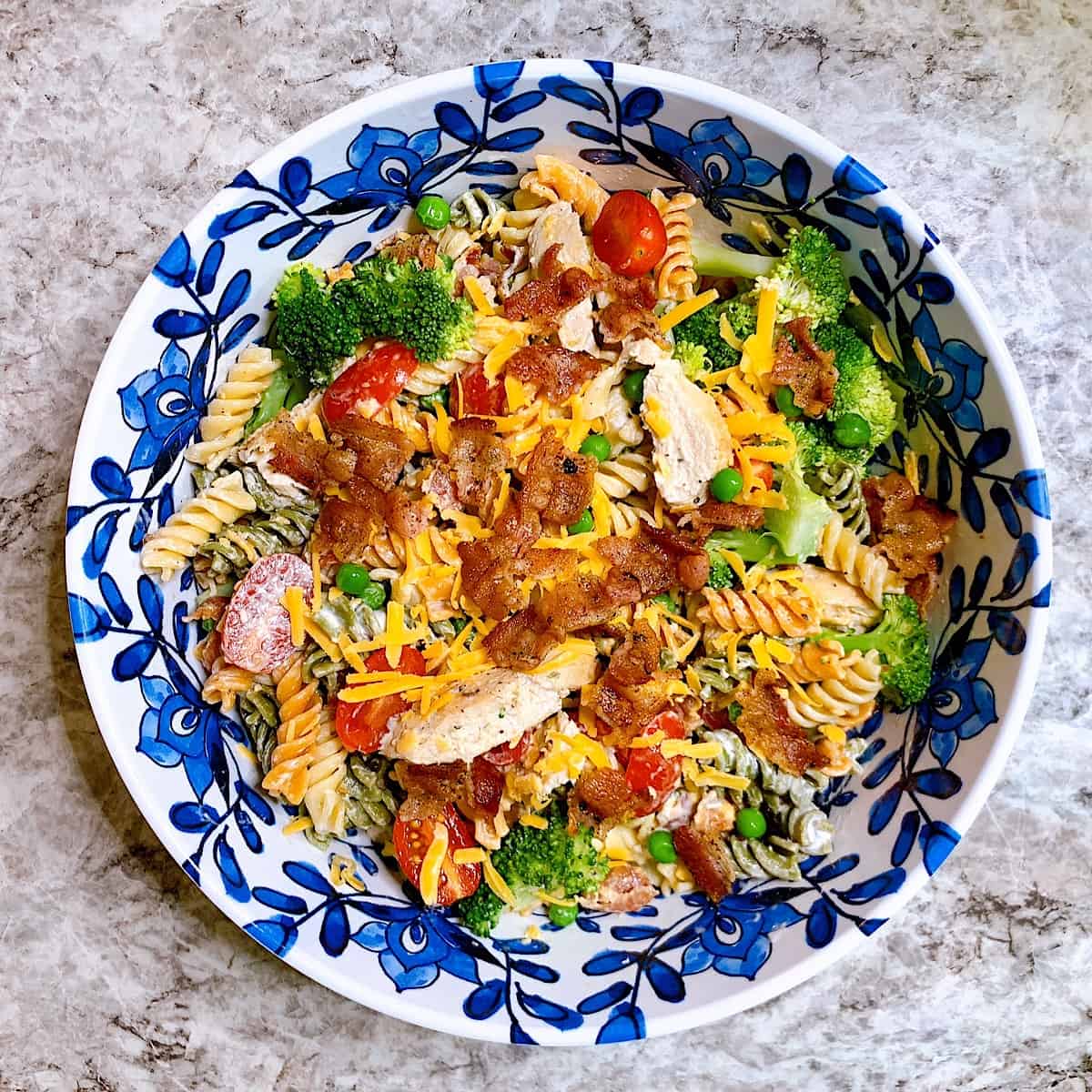 Pasta salad with buttermilk ranch  in a decorative bowl