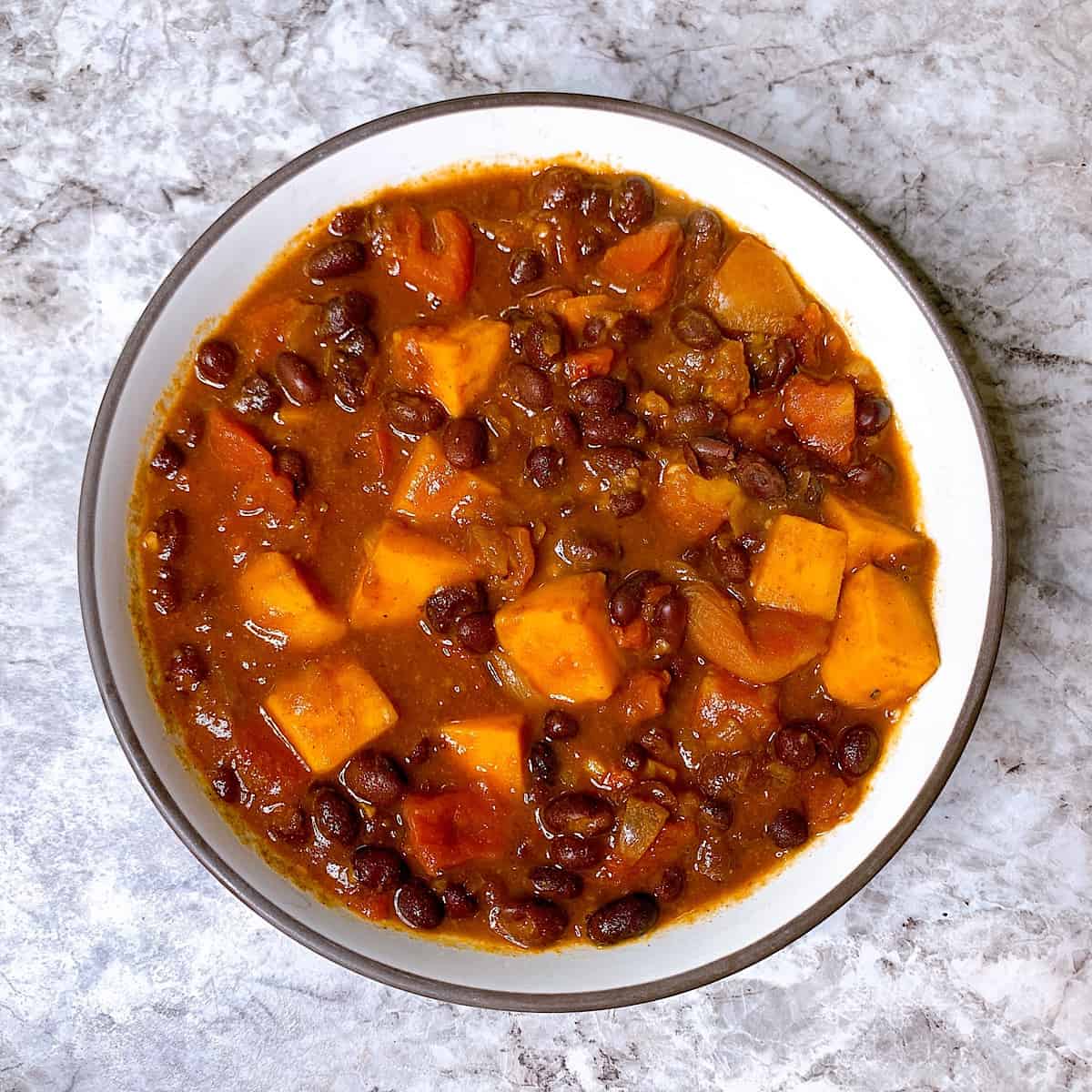 Bowl of black bean and sweet potato chili