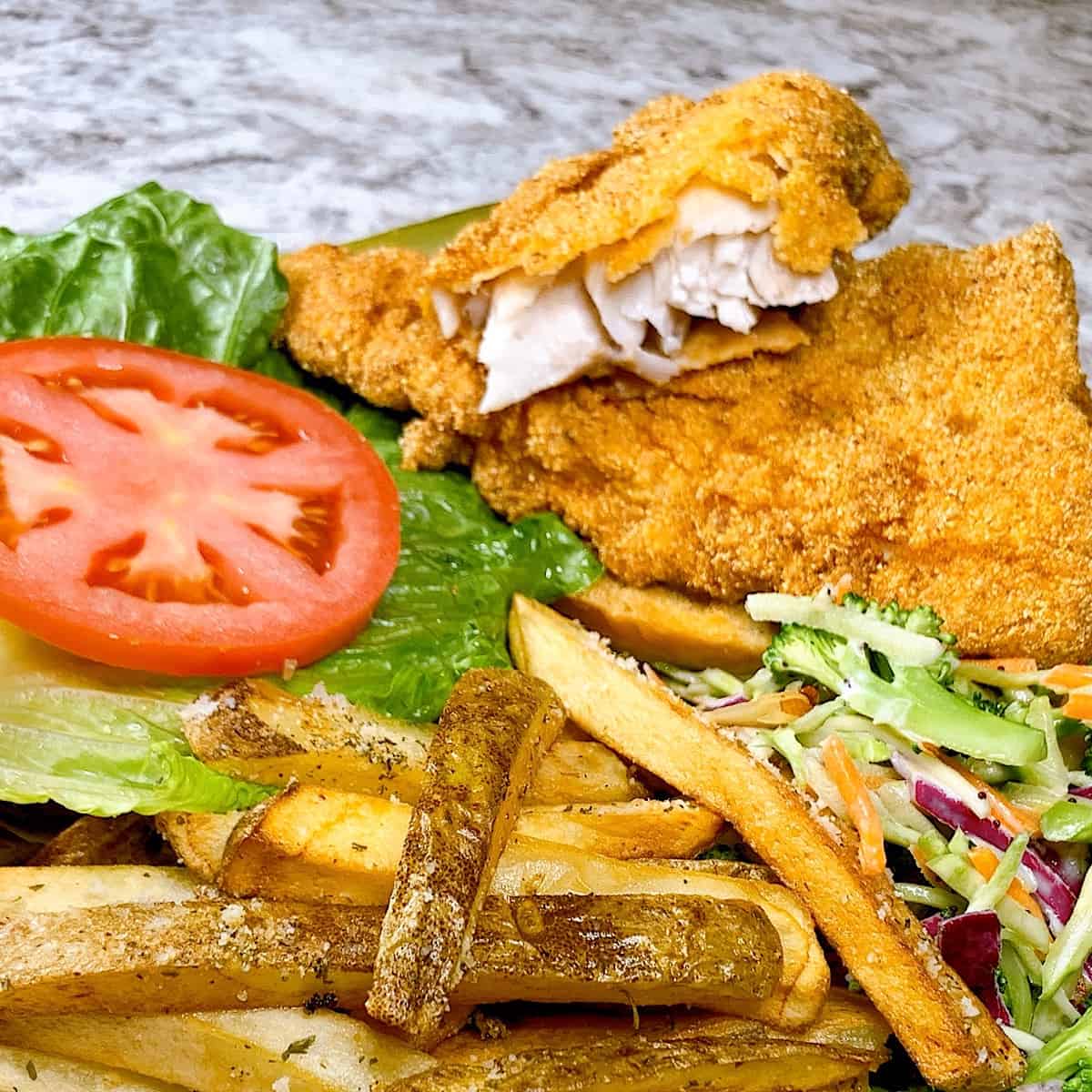 Grouper Sandwich on plate with coleslaw and garlic Parmesan fries
