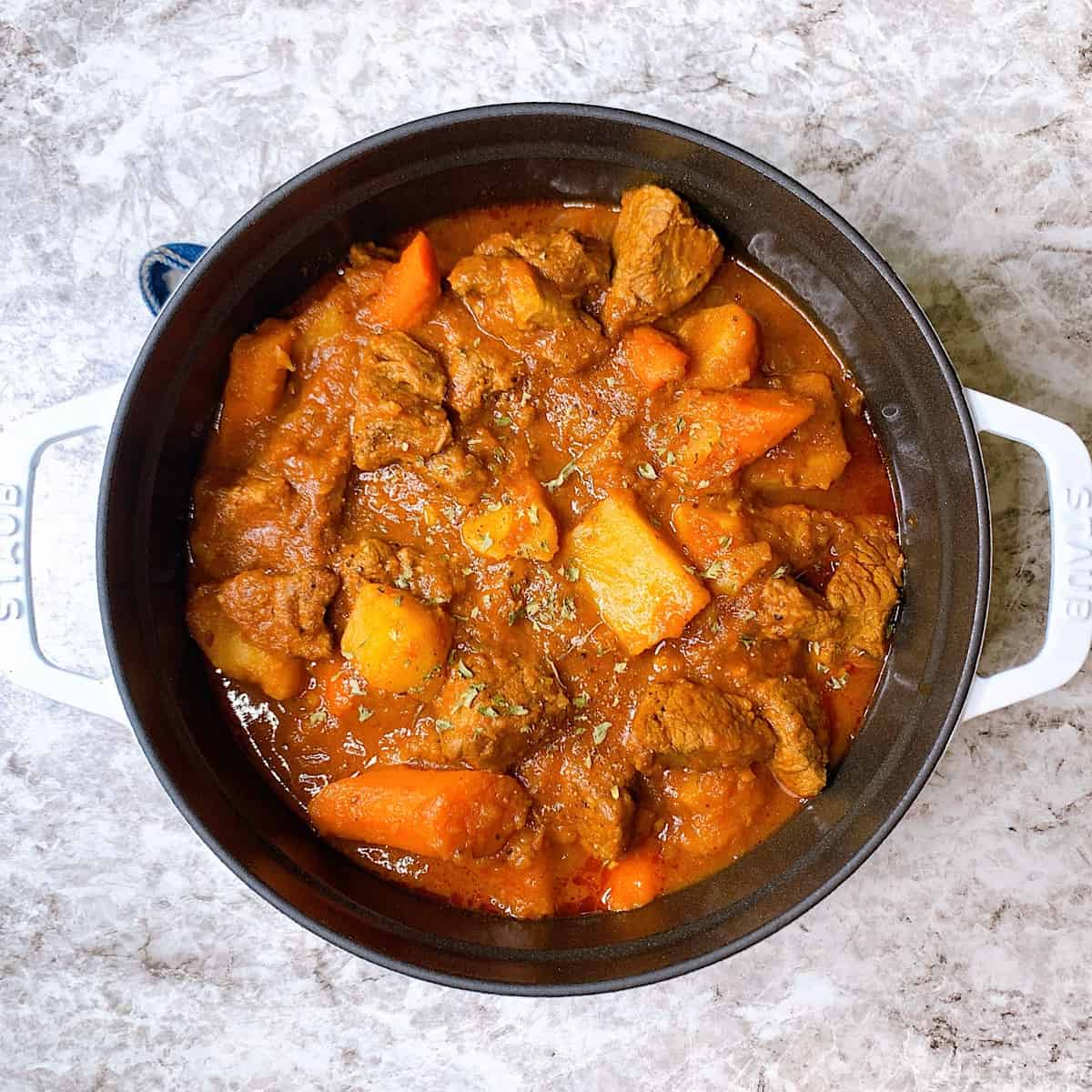 Hungarian Goulash in white Staub pot