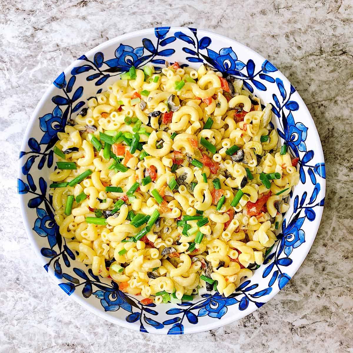 Macaroni Salad in large decorative bowl