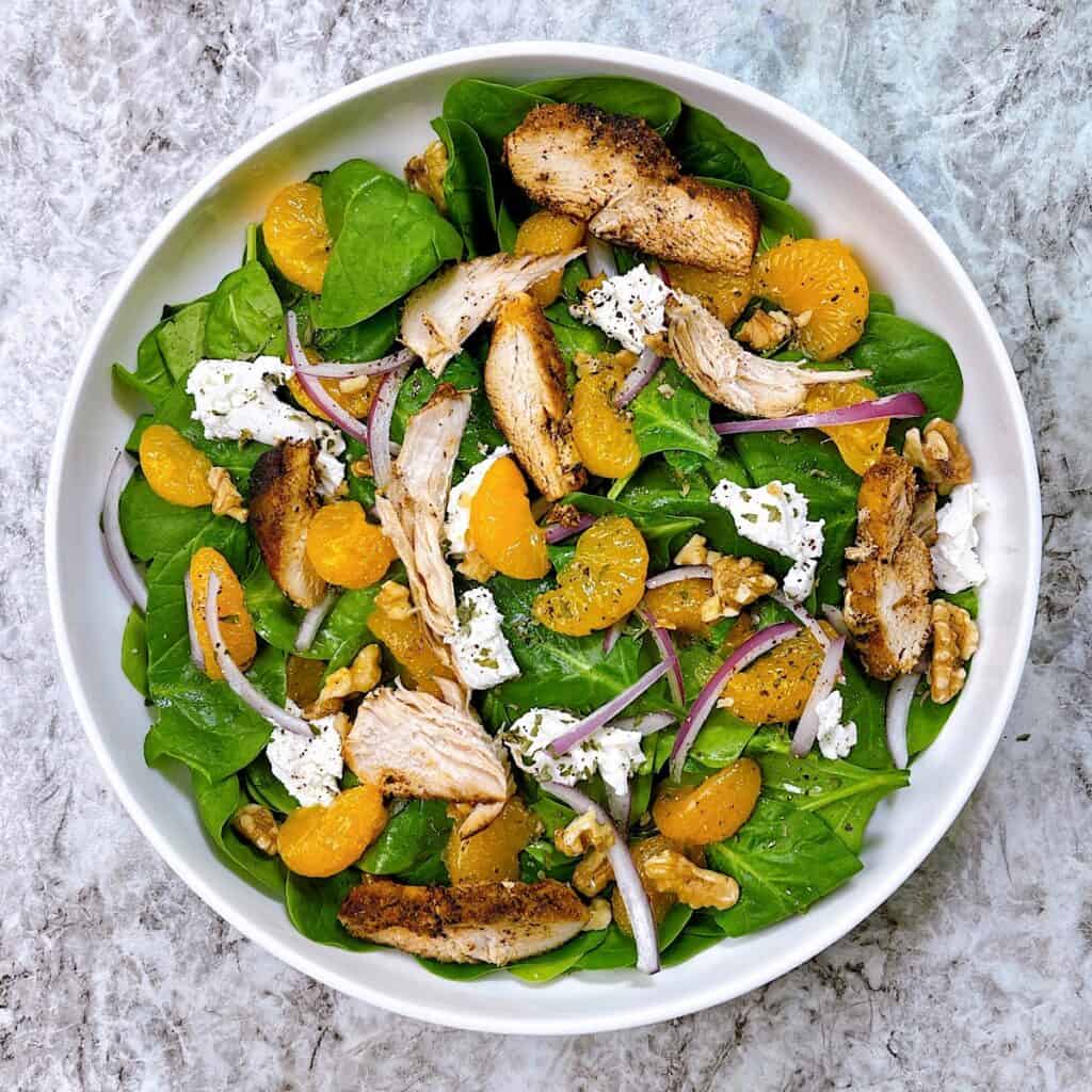 Mandarin Orange Spinach Salad with Oven Baked Chicken and Goat Cheese