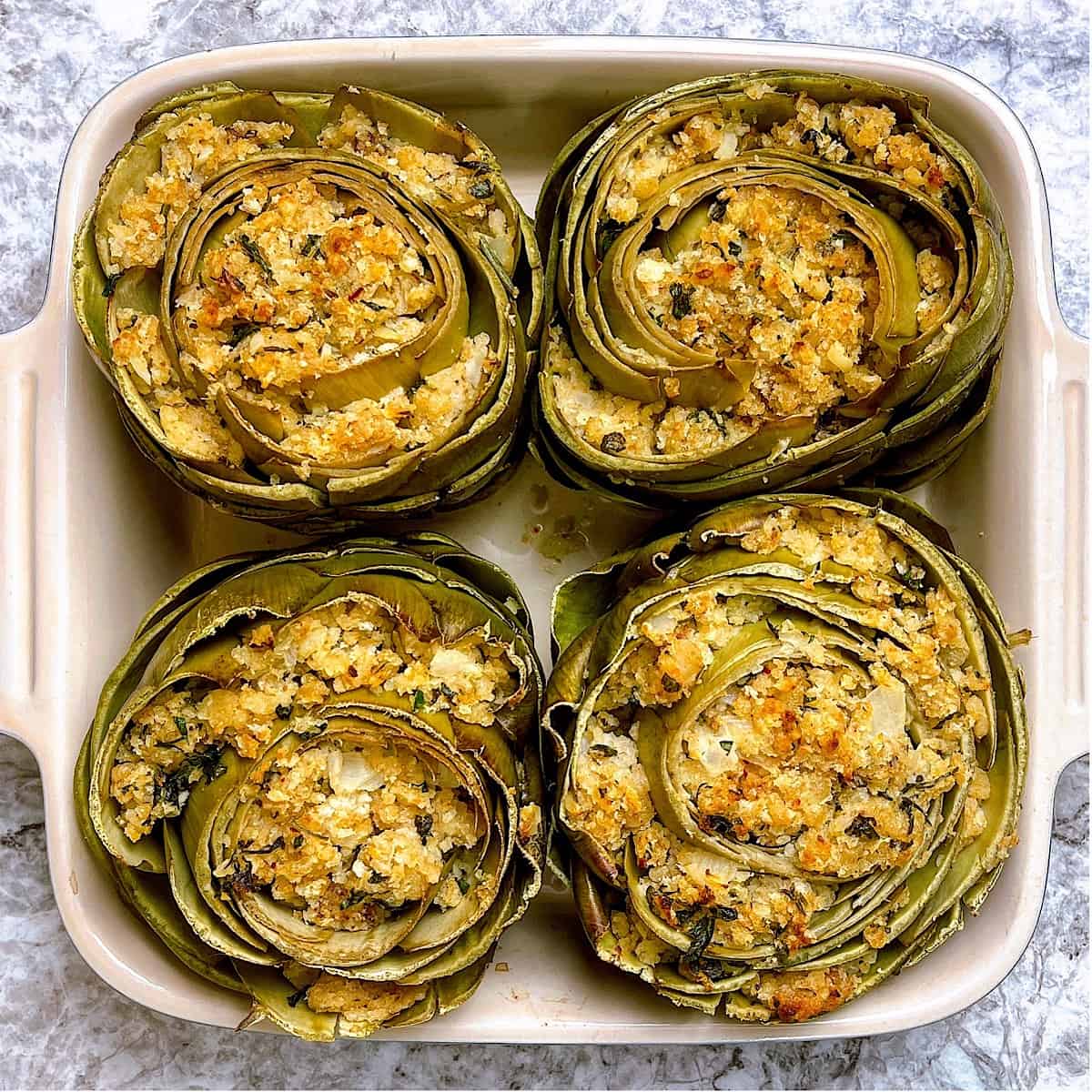 Stuffed Artichokes in casserole dish