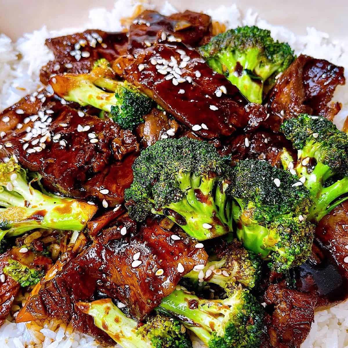 Beef and Broccoli Stir Fry close up with sesame seeds