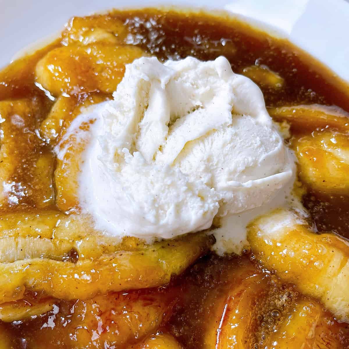 Bananas Foster close up with ice cream on top