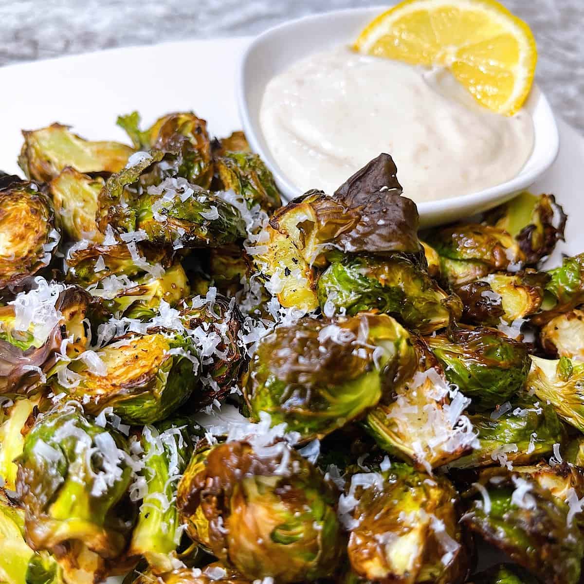 Crispy Air Fryer Brussels with Garlic and Lemon Aioli