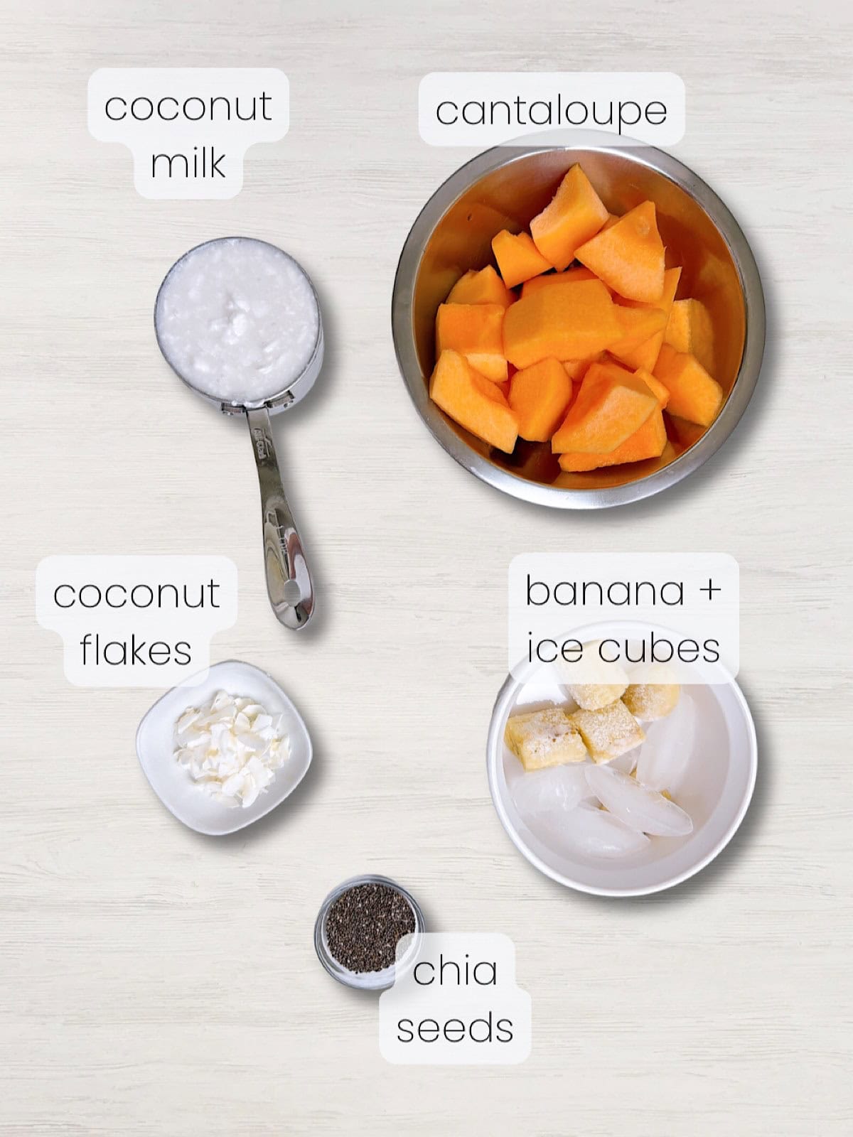 A labeled image of everything needed to make a melon banana smoothie.