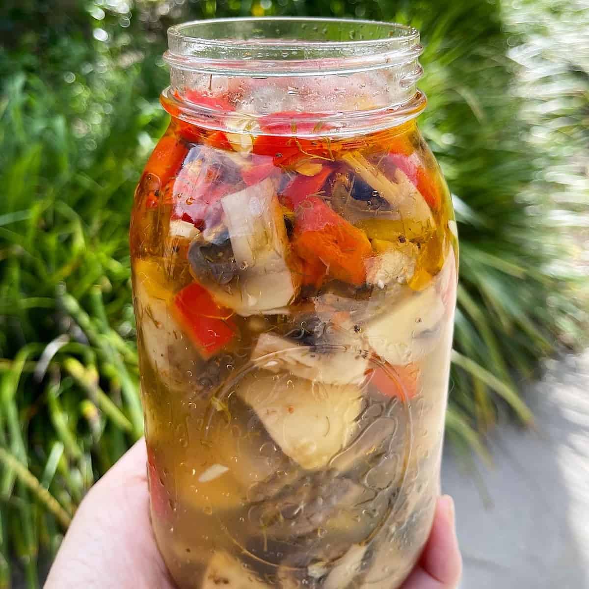 Holding a jar of Marinated Mushrooms outside