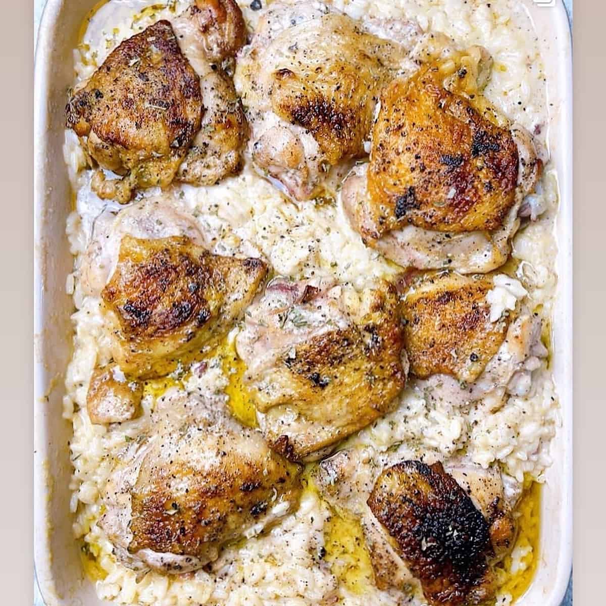 Old Fashioned Southern Chicken and Rice in Casserole dish 