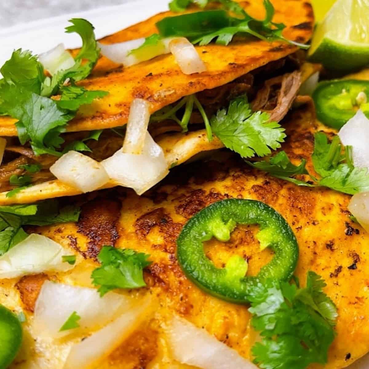 Birria Tacos close up with onion and jalapeno
