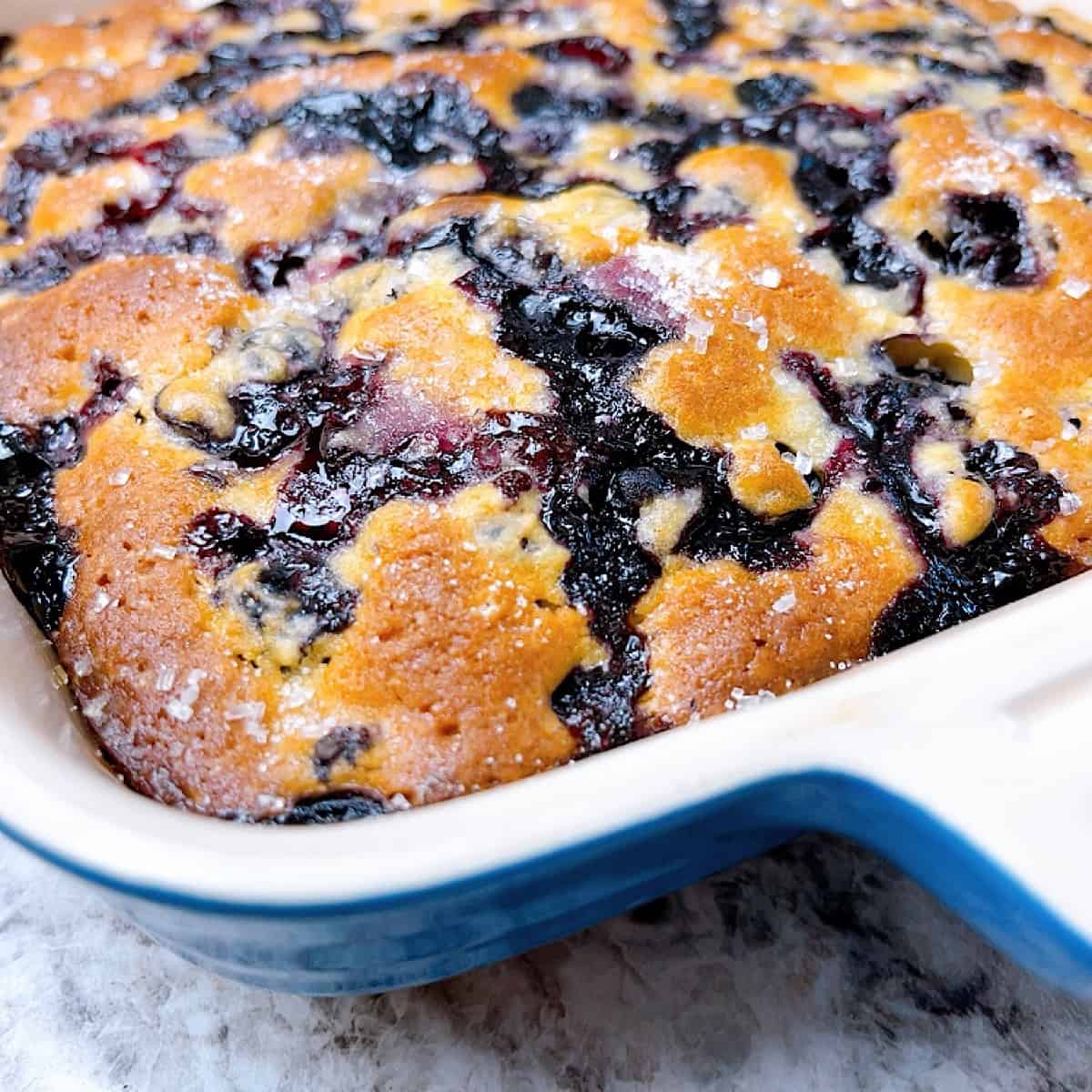 Blueberry Breakfast Bake in blue casserole dish
