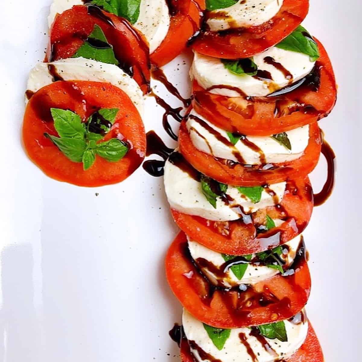 Candy Cane Caprese close up with balsamic