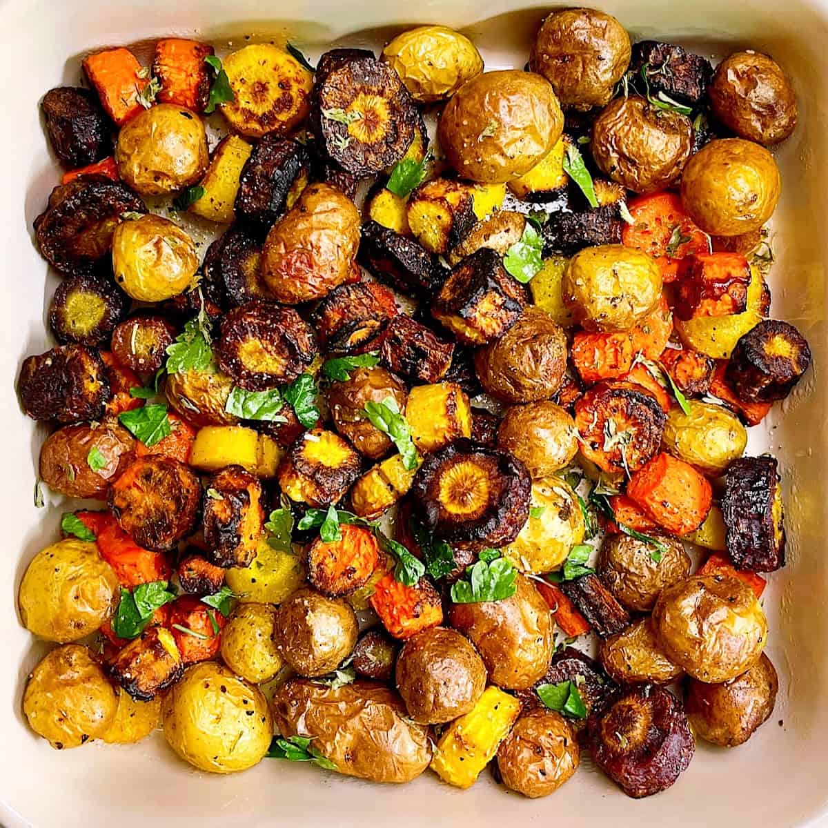 Roasted Rainbow Carrots and Potatoes close up