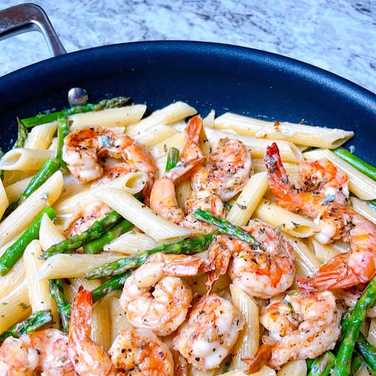 Shrimp and Gorgonzola Pasta with Asparagus in pan