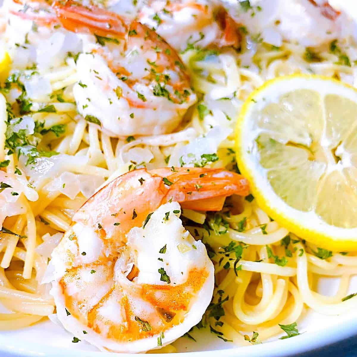 Shrimp Scampi close up with lemon