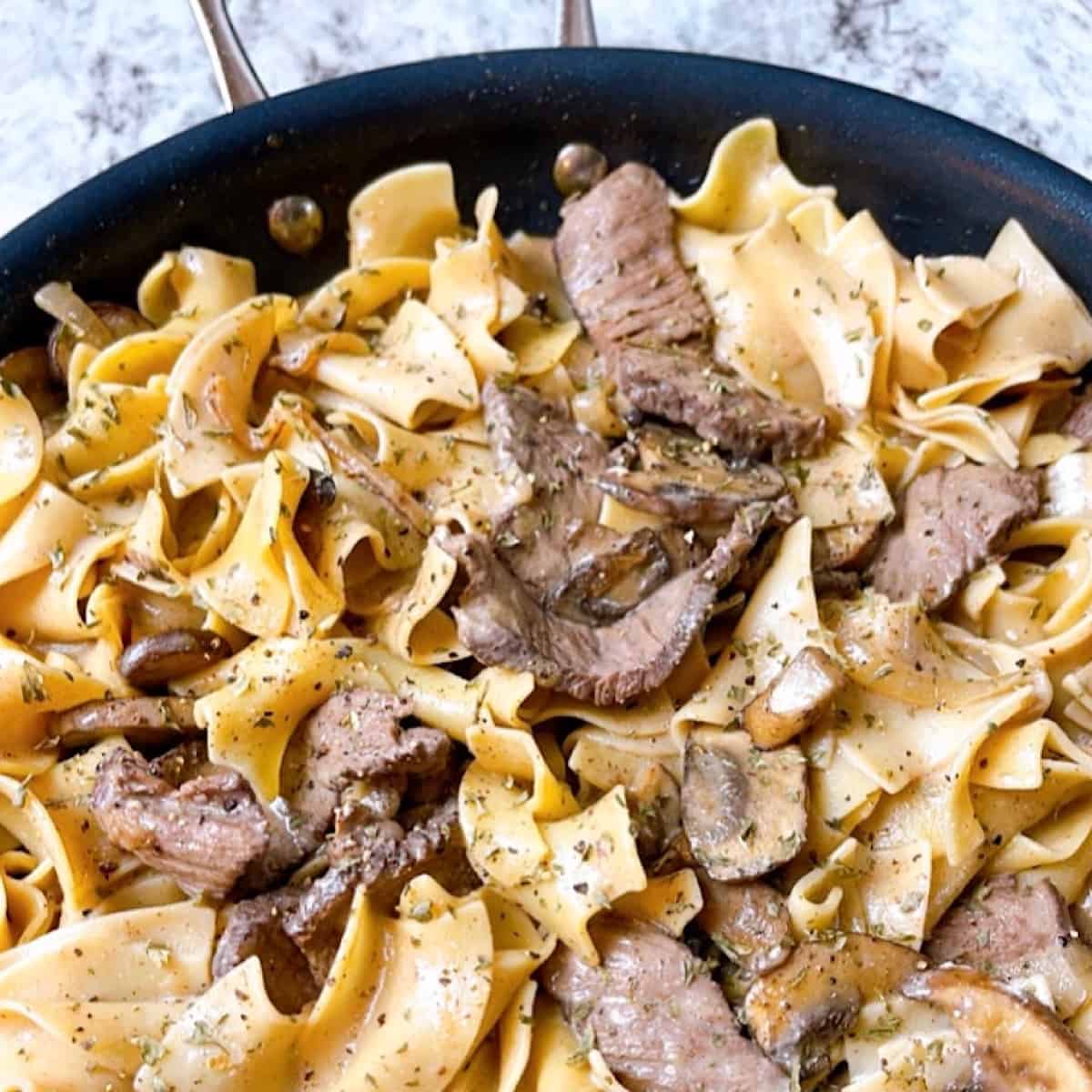 Skillet Beef Stroganoff close up in pan
