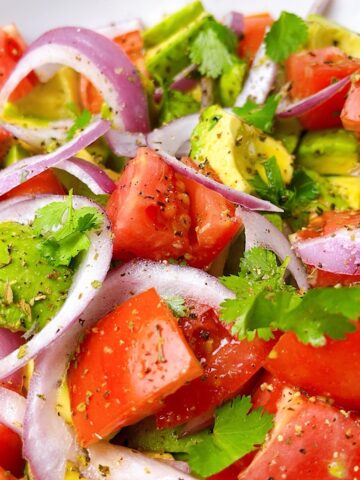 Close up of tomato avocado salad