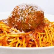 Close up of spaghetti with meatballs for serving