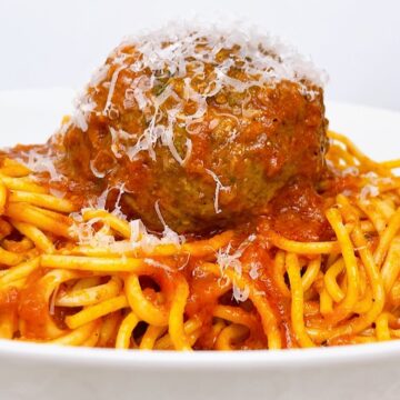 Close up of spaghetti with meatballs for serving