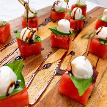 Watermelon caprese bites with skewers and balsamic