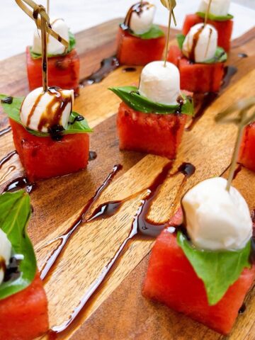 Watermelon caprese bites with skewers and balsamic