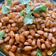 Close up of chipotle pinto beans in a bowl with cilantro