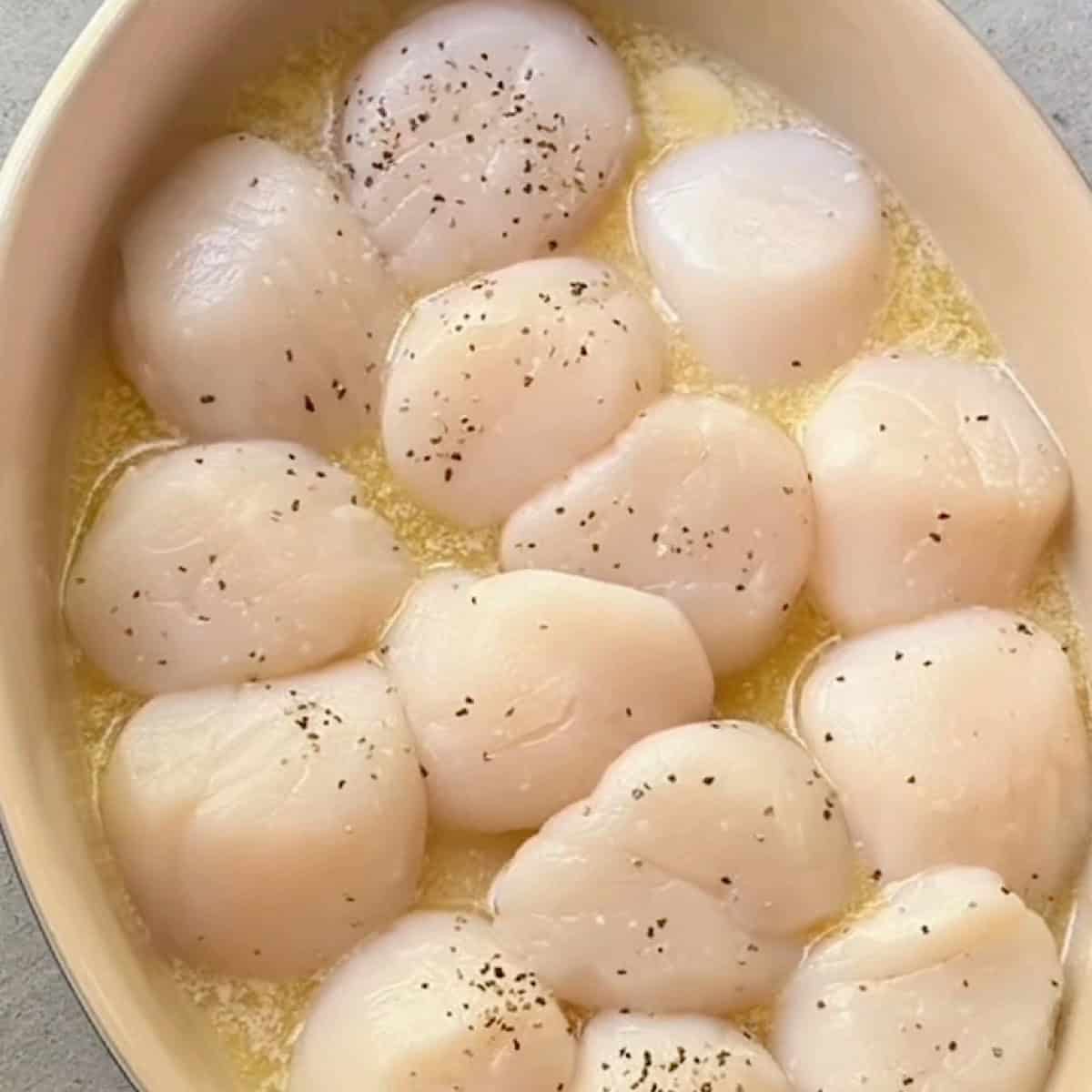 Sea scallops arranged in a baking dish with melted butter and wine.