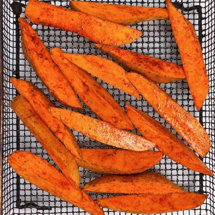 air fryer sweet potato wedges in air fryer basket