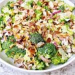 Amish broccoli salad feature image close up with toppings