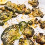 Smashed Broccoli feature image close up cooked with a squeeze of lemon