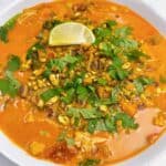 west African peanut stew with chicken and sweet potatoes feature image close up with cilantro and pistachio