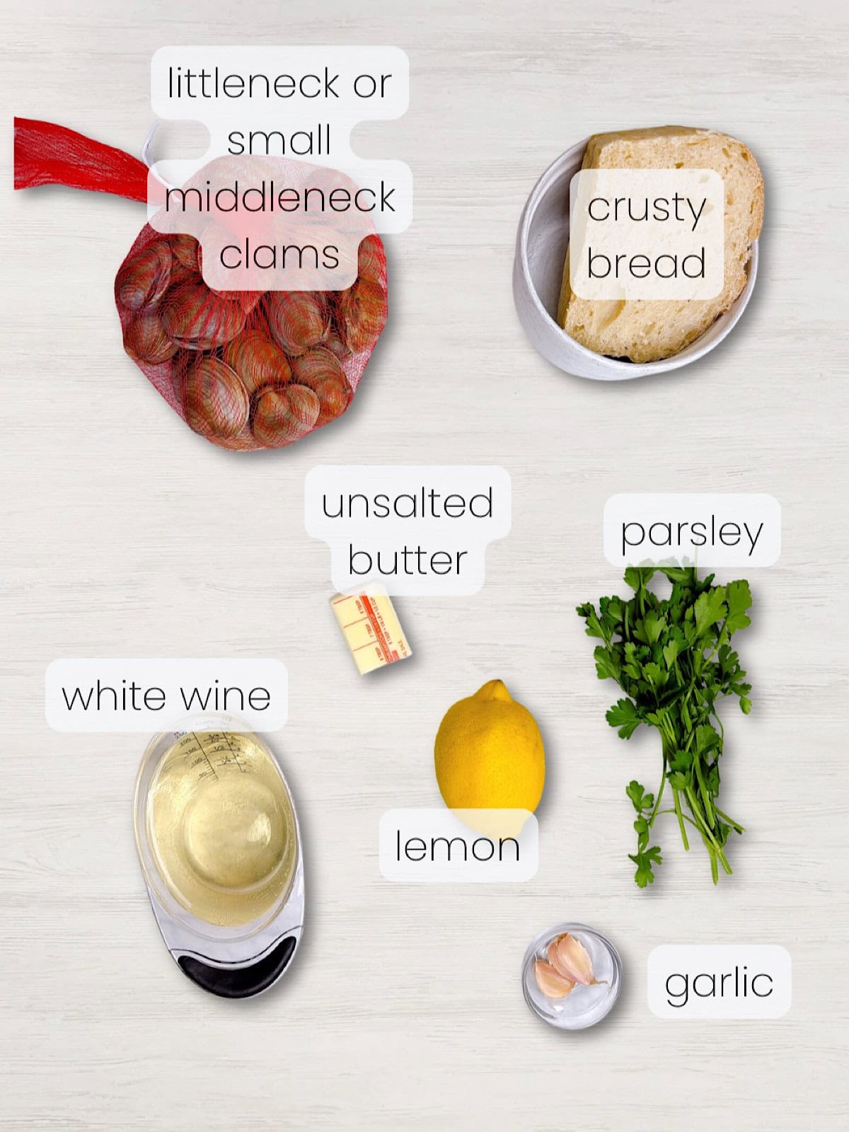 A labeled image of everything needed to make these easy steamed littleneck clams.