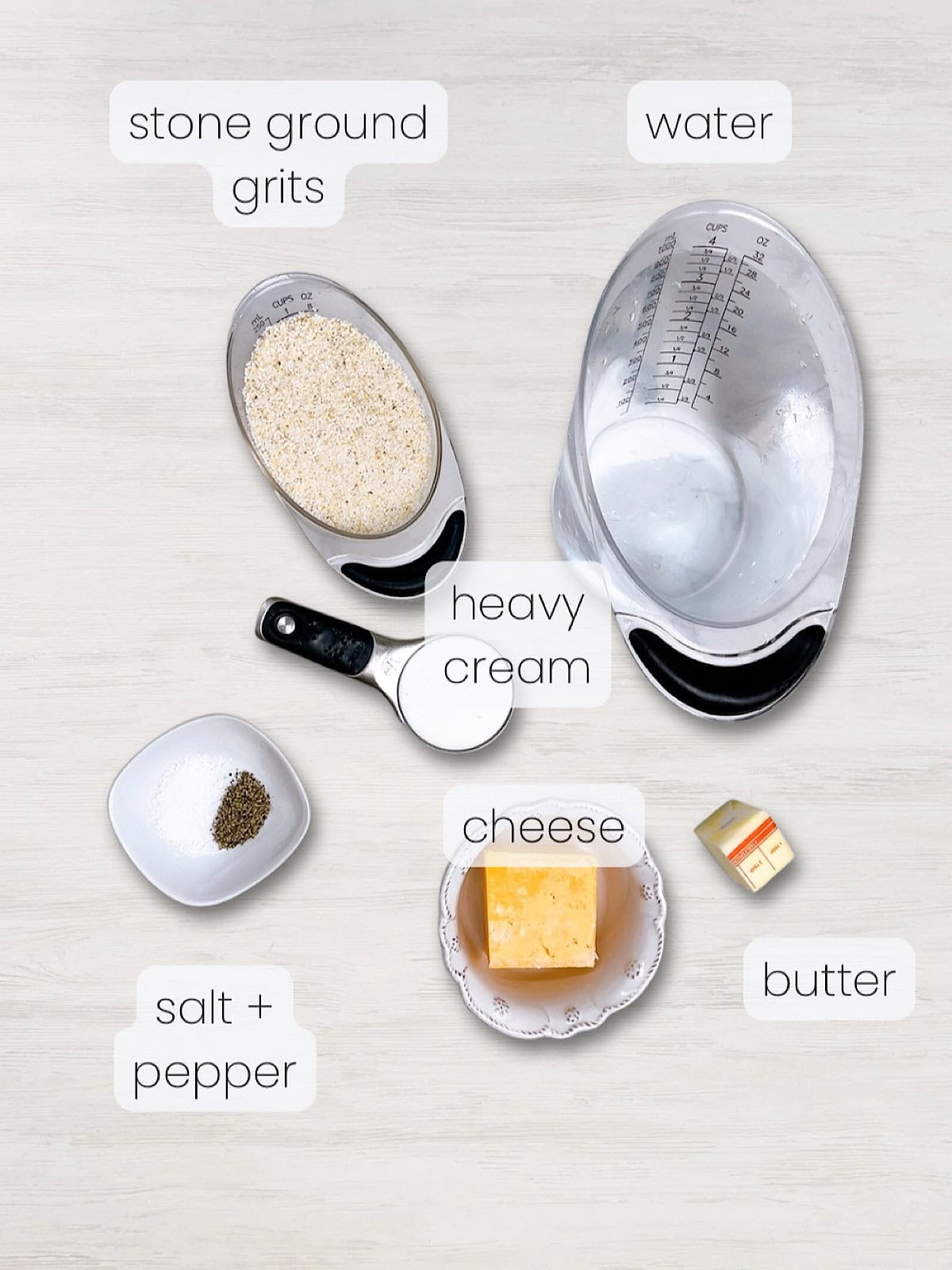 A labeled image of everything needed to make this stone ground grits recipe.