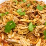 Instant pot chicken tinga shredded in sauce with garnish.