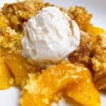 easy southern peach cobbler with cake mix best dump cake recipe feature 1 close up with vanilla ice cream and sprinkle of cinnamon sugar