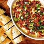 creamy smoked gouda dip with bacon easy instant pot recipe feature image close up with crostini