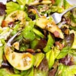 apple cranberry walnut salad feature image close up tossed in bowl with fork
