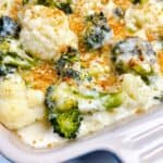 Cheesy broccoli and cauliflower bake feature image close up baked