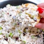 Cranberry pecan chicken salad feature image close up holding cracker with salad