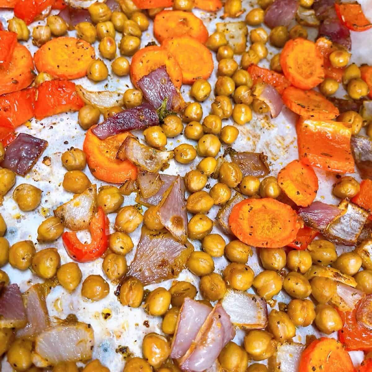 Couscous with roasted veggies, chickpeas, and feta process shot 4 roasted vegetables ready to prepare.