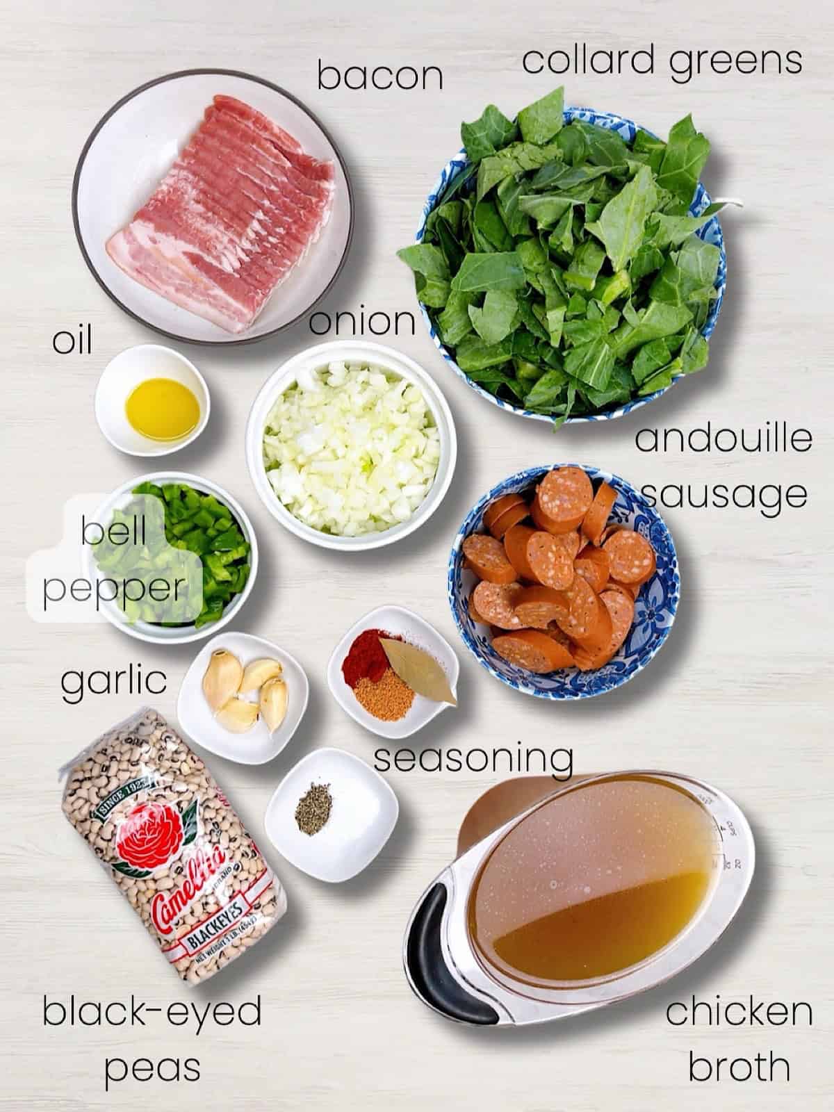 Easy blackeyed peas with sausage and collard greens in the Instant Pot Recipe ingredient shot.