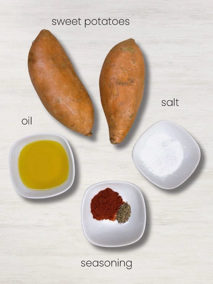 A labeled image of all ingredients needed to make sweet potato wedges.