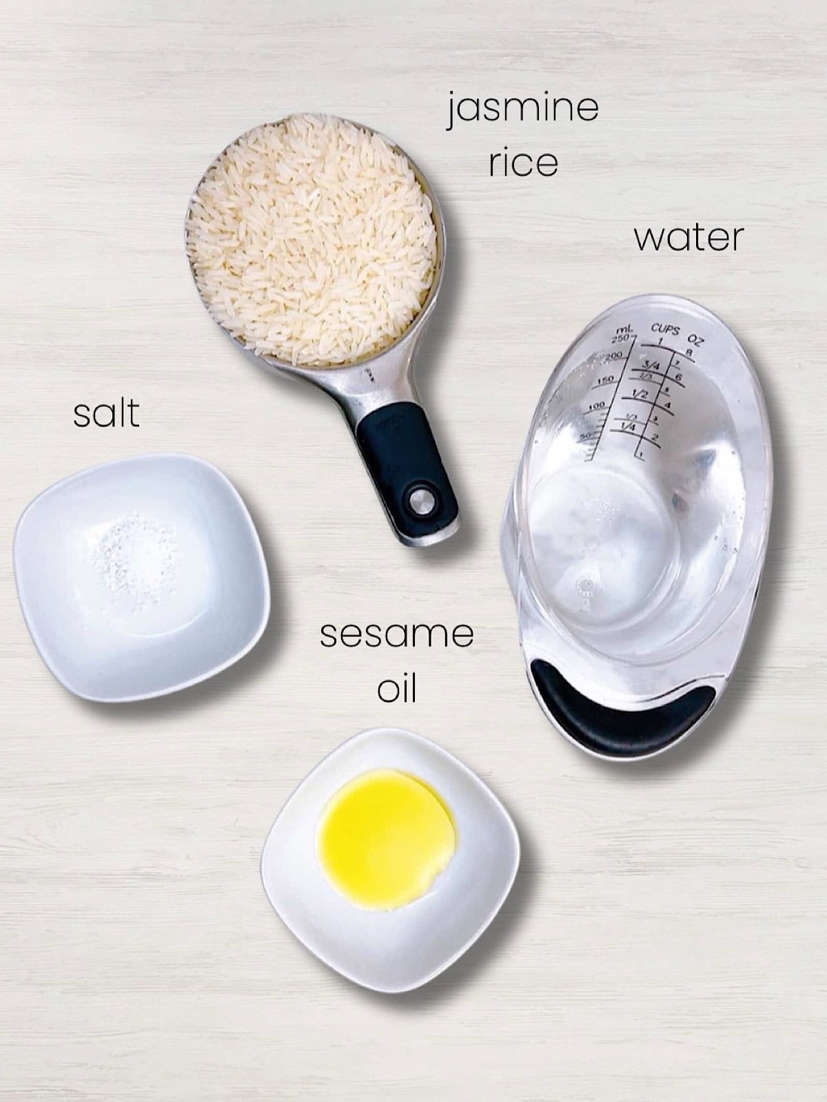 A labeled photo of ingredients to make Jasmine rice in the Instant Pot.